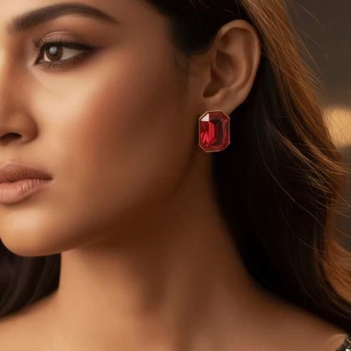 Luxury Dual Crystal Pendant Necklace + Earrings | Red Ruby & Blush Stone with Gold Finish Chain [12009]