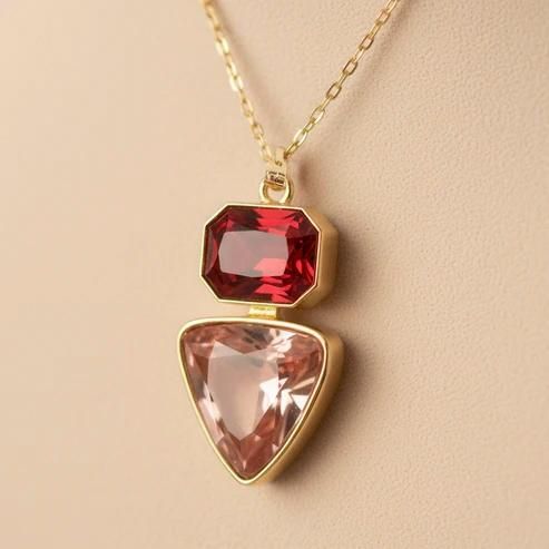 Luxury Dual Crystal Pendant Necklace + Earrings | Red Ruby & Blush Stone with Gold Finish Chain [12009]
