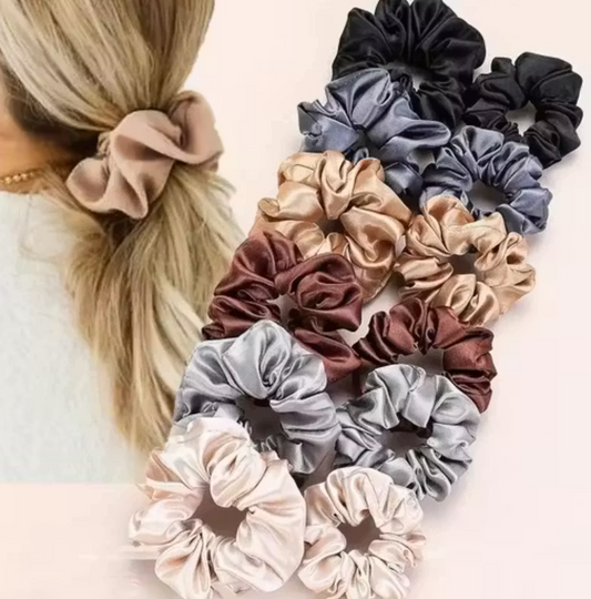 Trendy Silk-Feel Scrunchies Pack – 12 Colorful Hair Bands [12017]