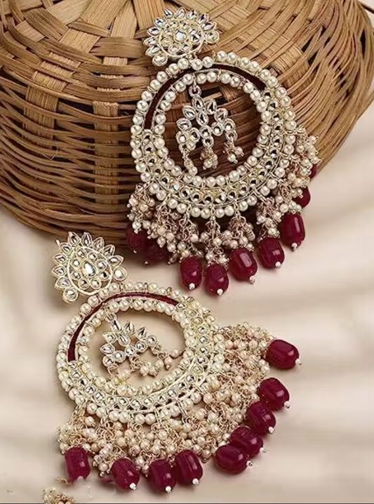 Royal Pearl & Kundan Chandbali Statement Earrings [12028]
