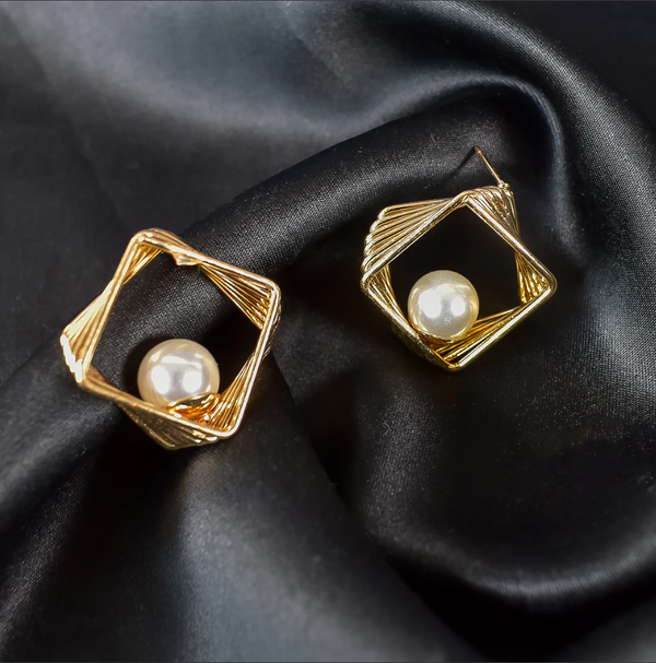 Golden Geometric Pearl Statement Earrings | Luxury Square Frame Design [12041]