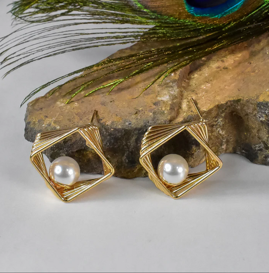 Golden Geometric Pearl Statement Earrings | Luxury Square Frame Design [12041]