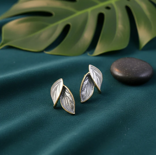 Minimalist Nature Inspired Leaf Studs Korean Style | Premium Pearlescent Enamel Earrings [12042]
