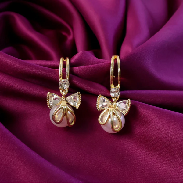 Korean Style Pearl Bow Drop Earrings – Gold Crystal Hoop Design [12043]