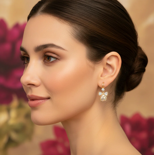 Korean Style Pearl Bow Drop Earrings – Gold Crystal Hoop Design [12043]