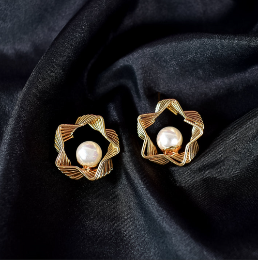 Elegant Gold-Plated Geometric Drop Earrings with White Pearl