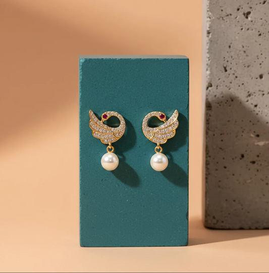 Pearl Drop Swan Design Stud Earrings with Crystal Detailing and Gold Finish