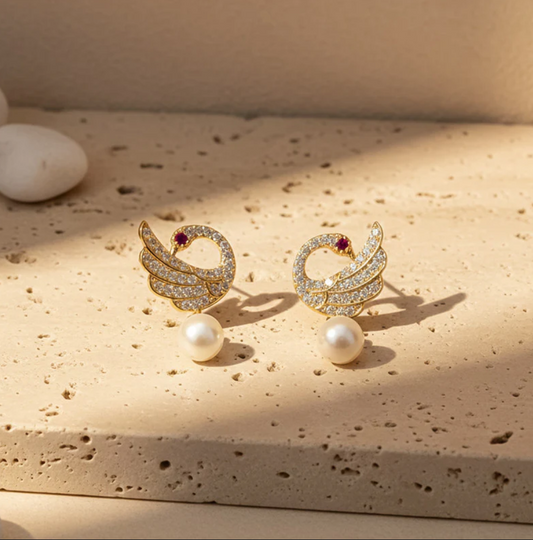 Pearl Drop Swan Design Stud Earrings with Crystal Detailing and Gold Finish
