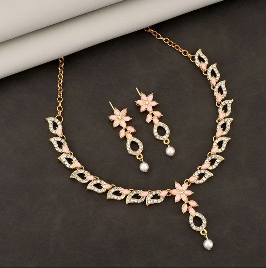 Delicate Baby Pink Floral & Crystal Necklace Set with Pearl Drop