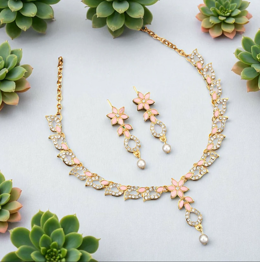 Delicate Baby Pink Floral & Crystal Necklace Set with Pearl Drop