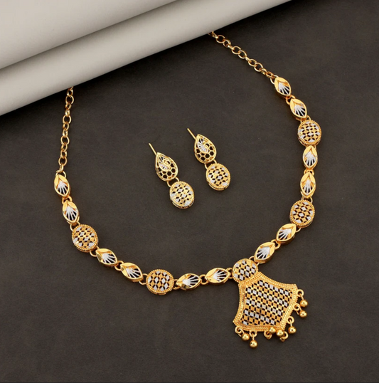 Dual-Tone Gold Plated Geometric Pattern Link Necklace Set